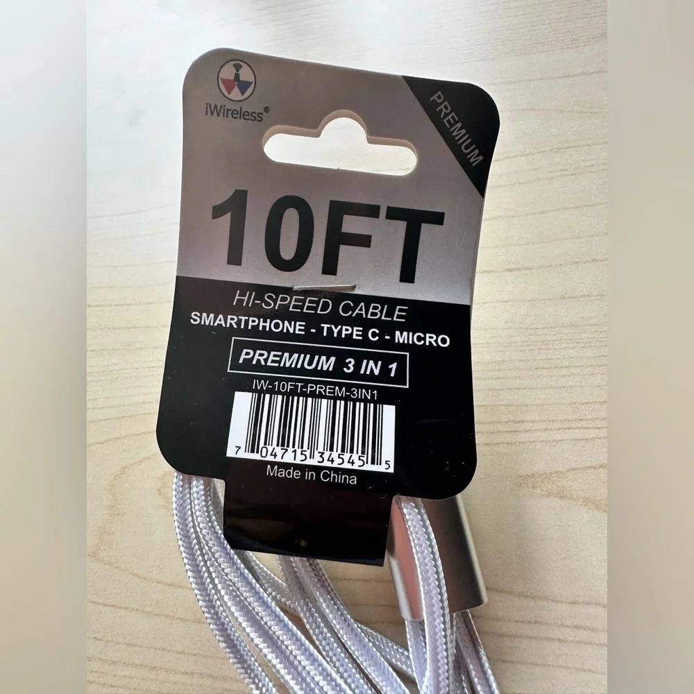 iWireless Premium 3-in-1 10ft high-speed cable with USB-C, Micro-USB, Lightning